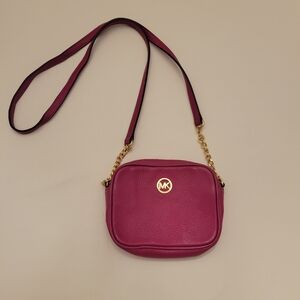 Michael Kors Pink/Magenta Pebbled Leather Crossbody Bag with Gold Accents